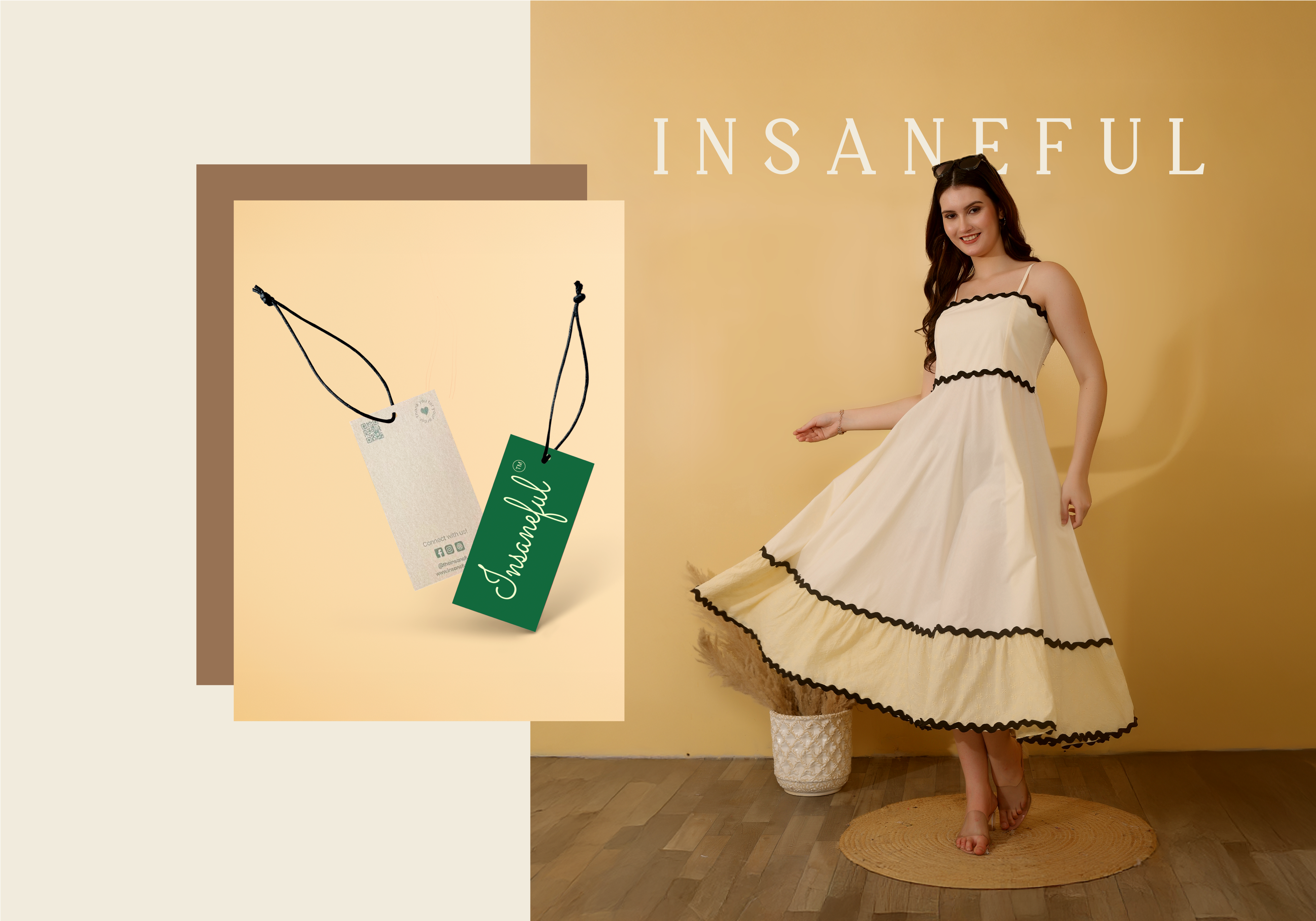 Insaneful fashion banner – woman in white sleeveless cotton maxi dress with black trim, Insaneful brand hangtags.