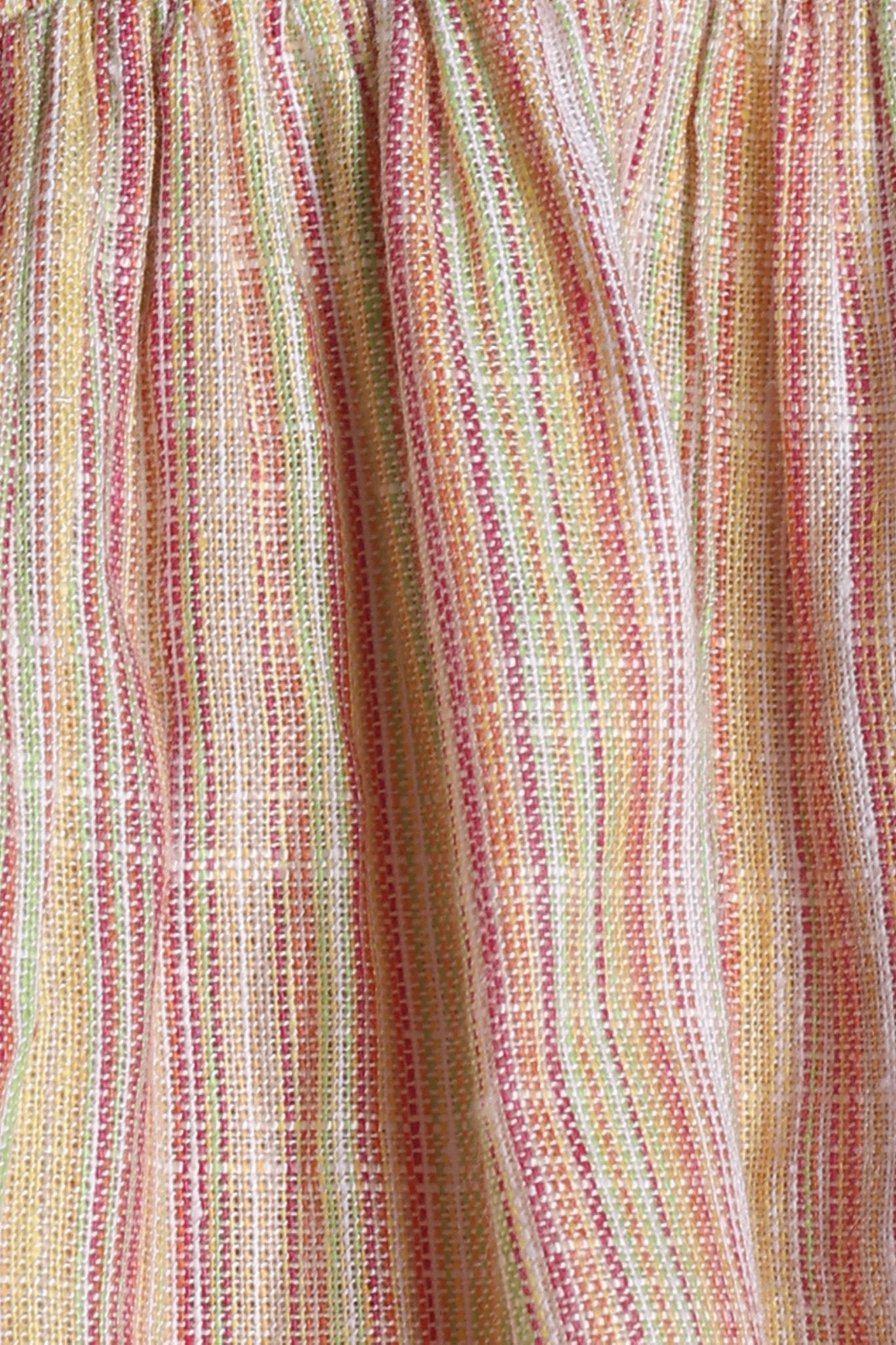 Beige sleeveless cotton-blend top with multicolor striped weave, smocked bodice, triple-tie front keyhole, and flared peplum hem—relaxed and breezy.