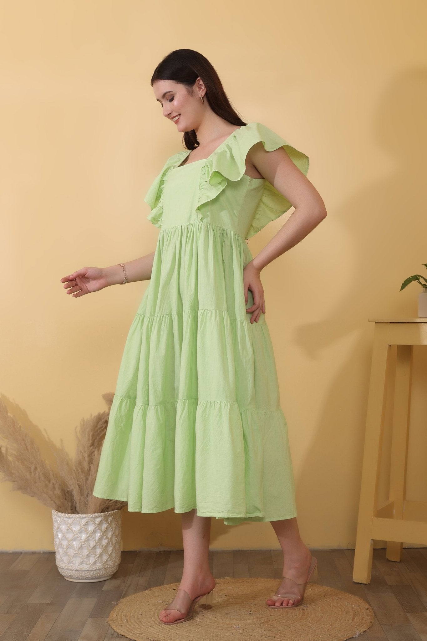 Clover Charm - Pistachio green cotton poplin midi dress featuring elasticated ruffle shoulder straps, square neckline, and a tiered, flowy silhouette for comfortable romantic styling.