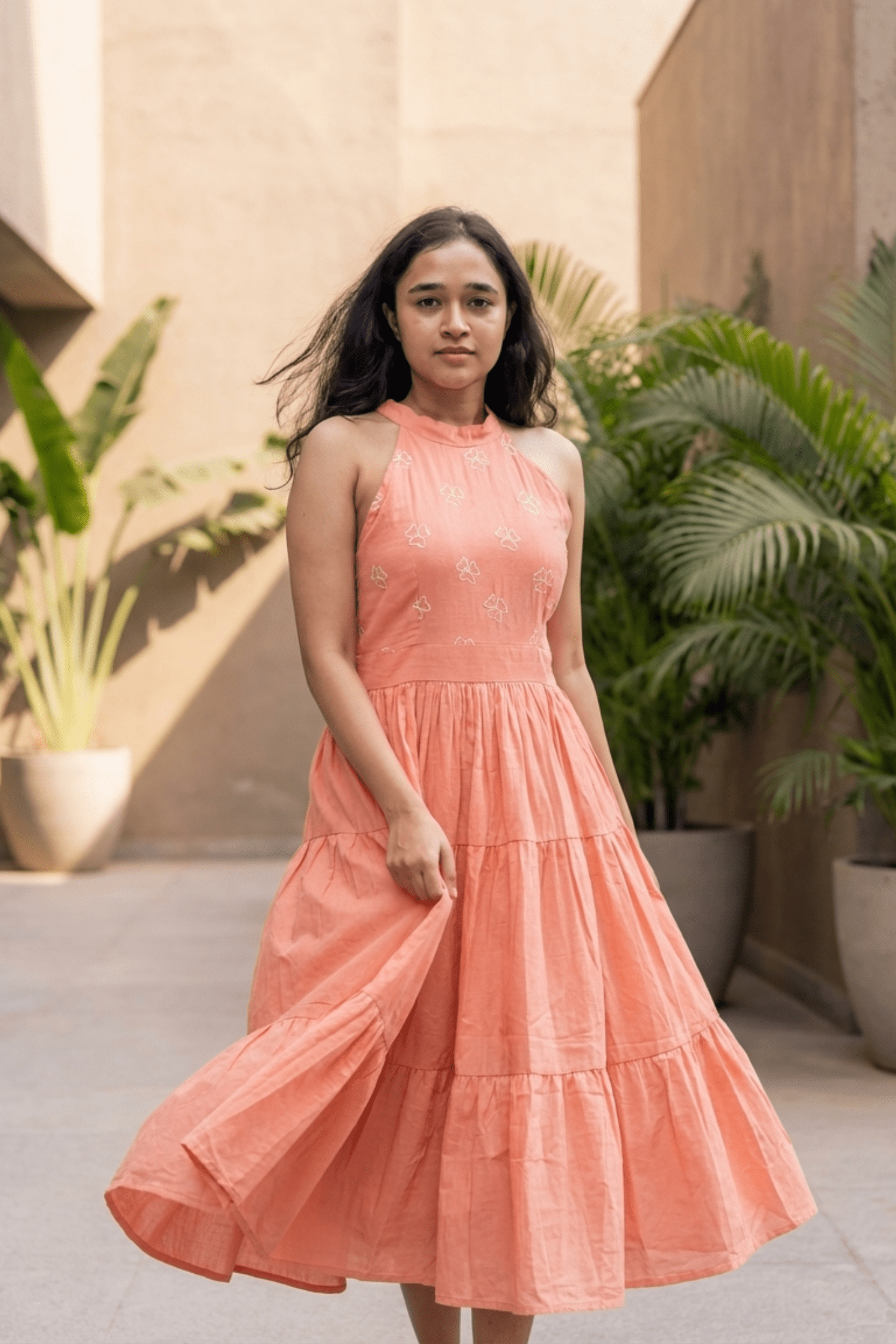 Rust Aura - A halter cotton midi with embroidered blooms & breezy tiers - Insaneful