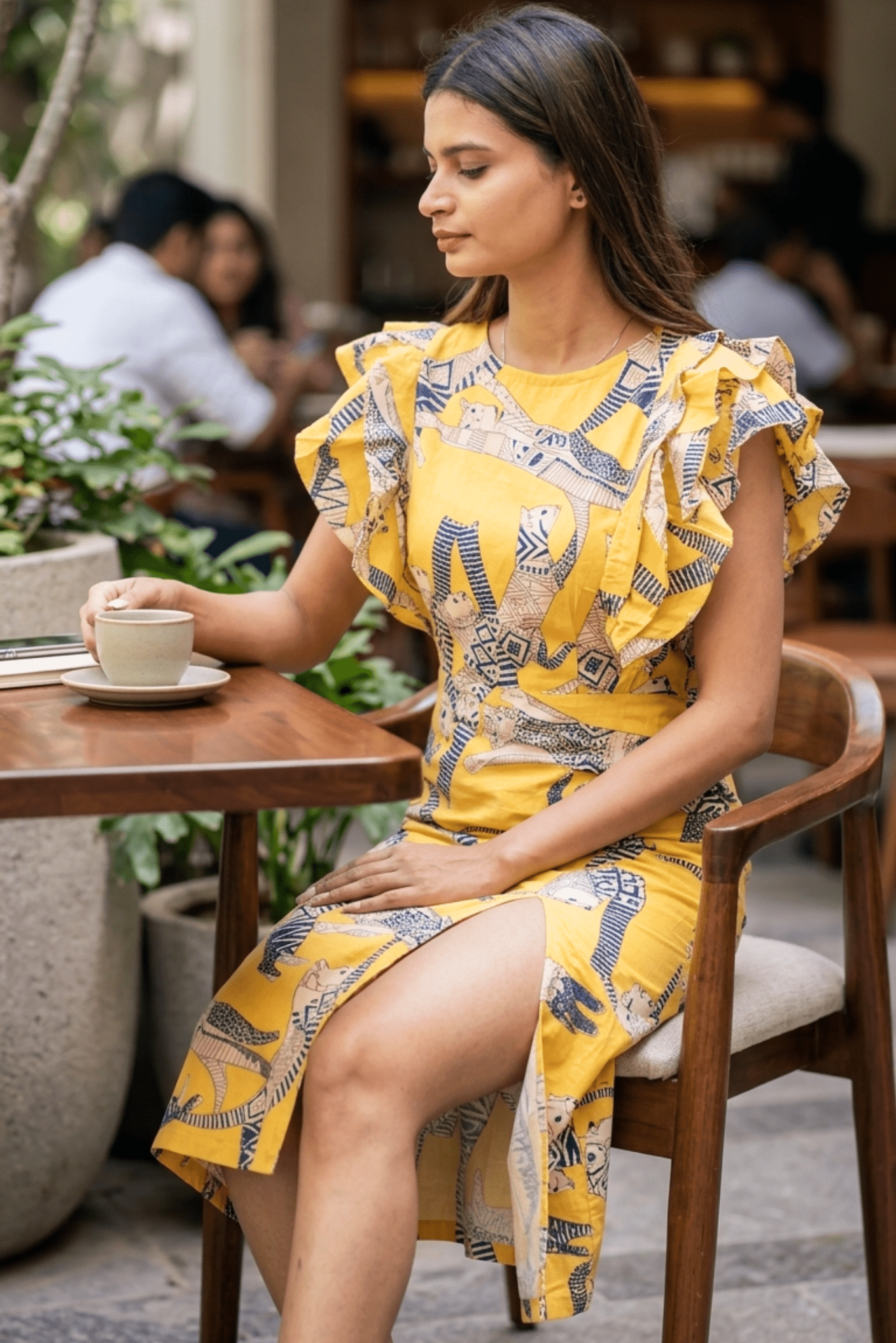 Yellow Yarn Tale - Cotton Midi Dress with Ruffled Shoulders & Side Slit - Insaneful