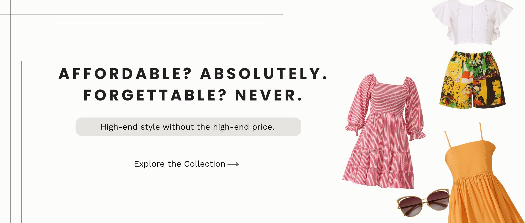 Women’s summer cotton fashion banner featuring striped pink smocked dress, yellow sundress, graphic print shorts with white top, and sunglasses – Insaneful.