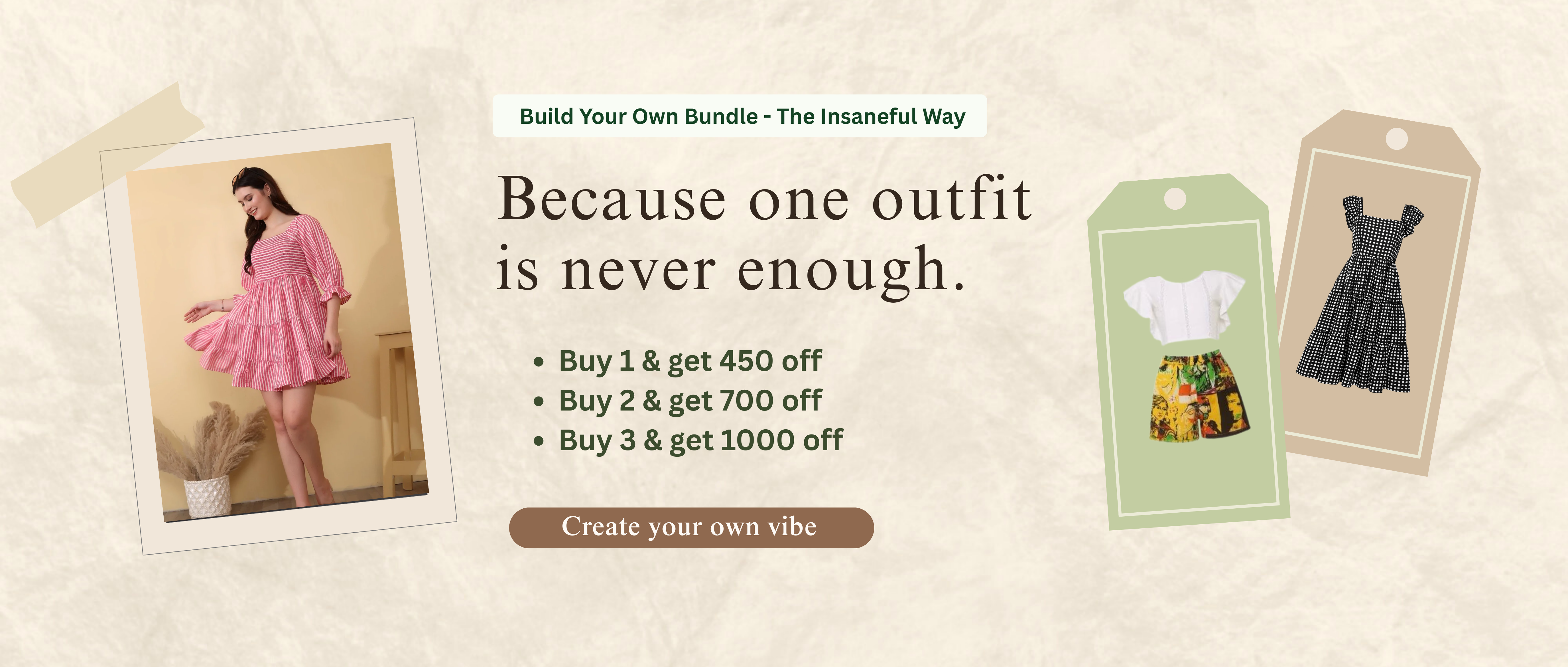 Build your own bundle women’s western wear – Buy 1 get ₹450 off, Buy 2 get ₹700 off, Buy 3 get ₹1000 off – stylish dresses, co-ords and tops from Insaneful.