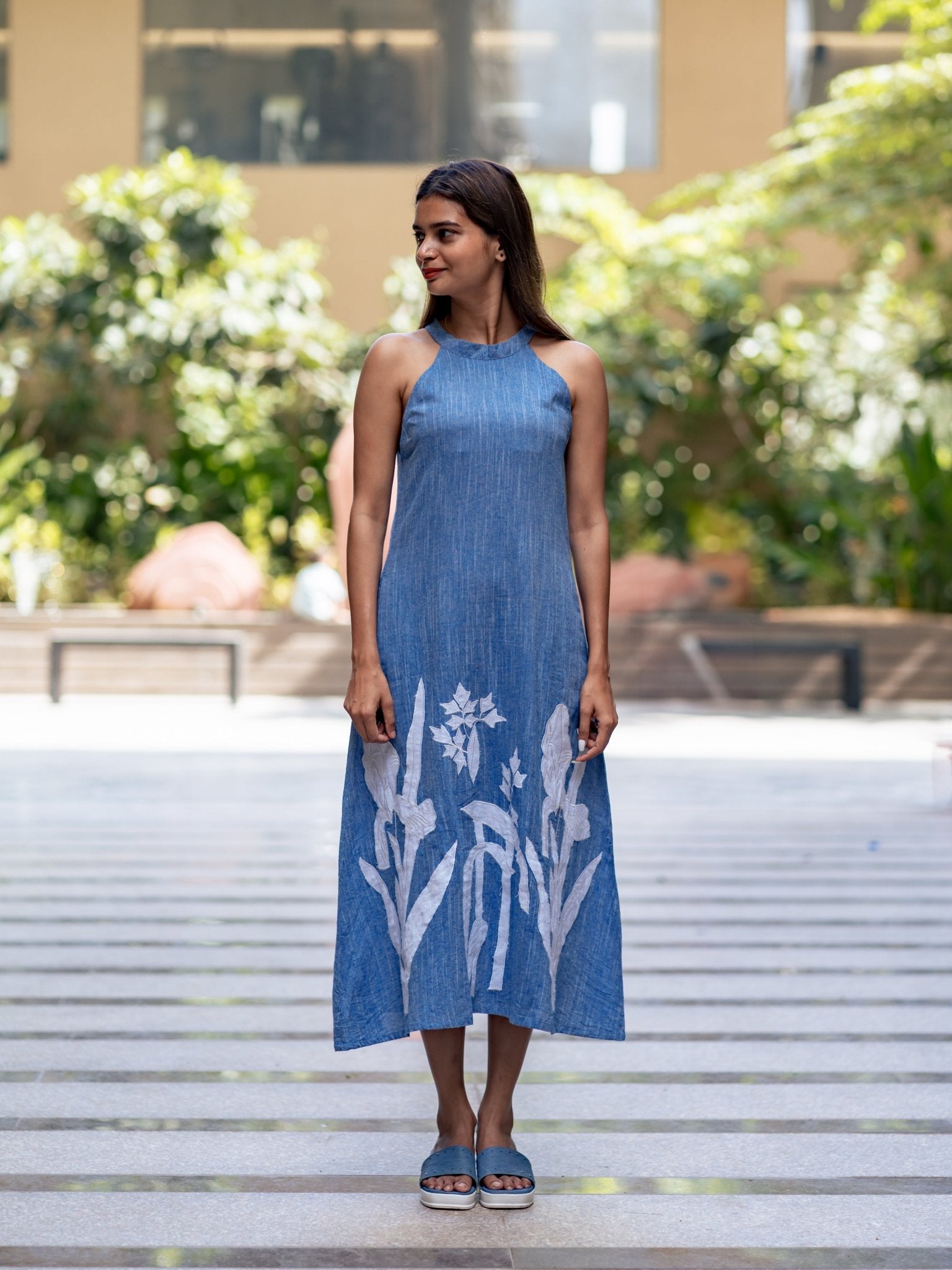 cotton halter dress Blue Reverie – Cotton Halter Dress with Floral Applique