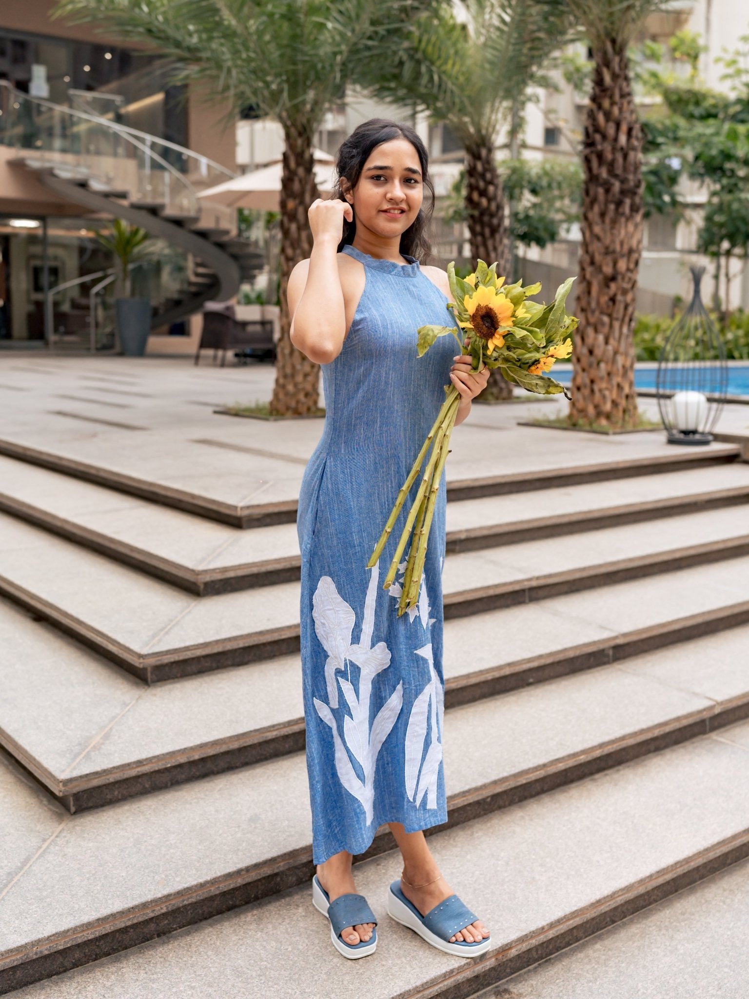 Blue Reverie – Cotton Halter Dress with Floral Applique | Insaneful