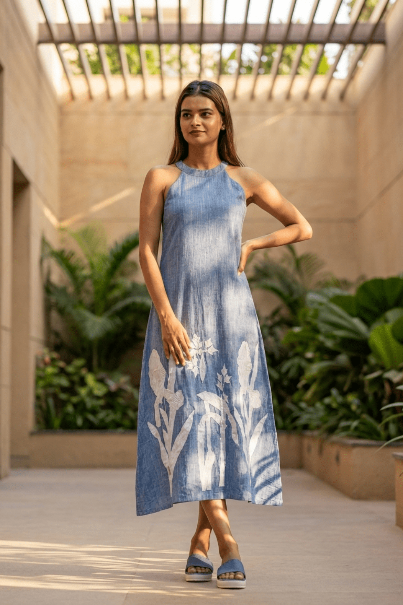 blue and white floral halter dress Blue Reverie – Cotton Halter Dress with Floral Applique