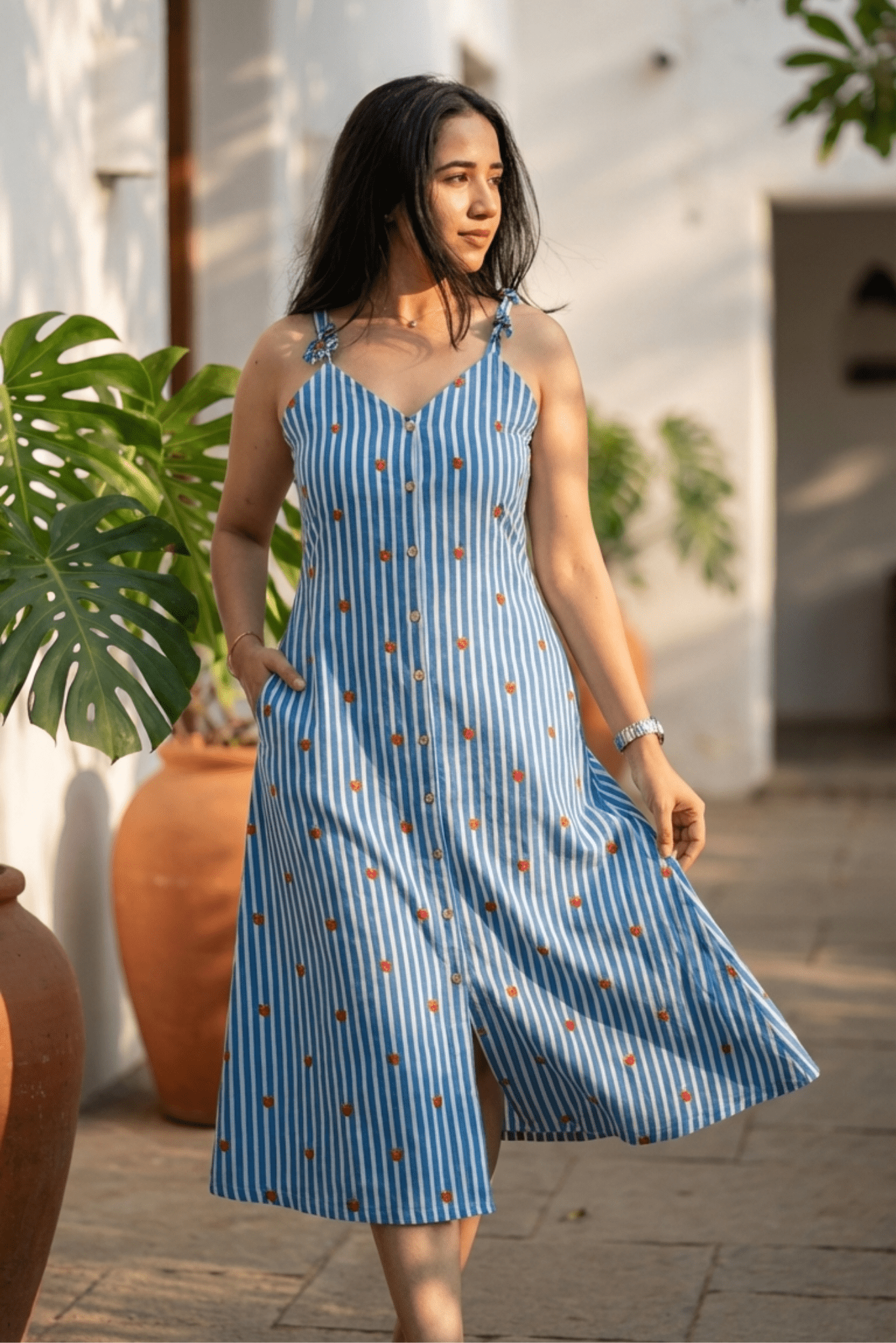 Heartbeat Haven – Cotton Striped Midi with Heart Prints