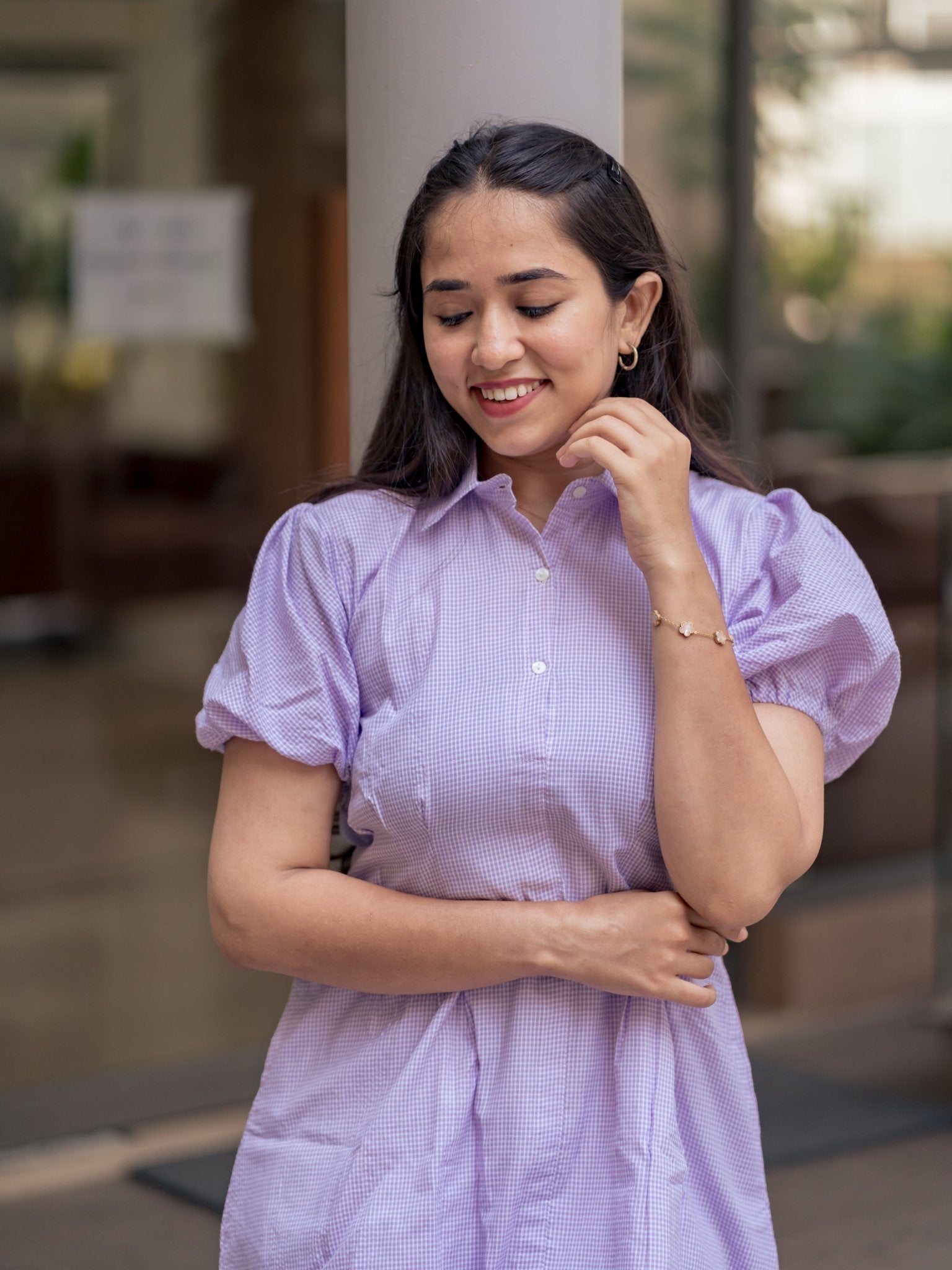 Lilac Breeze – Cotton Shirt Dress with Puff Sleeves & Checks Lilac Breeze – Cotton Shirt Dress with Puff Sleeves & Checks