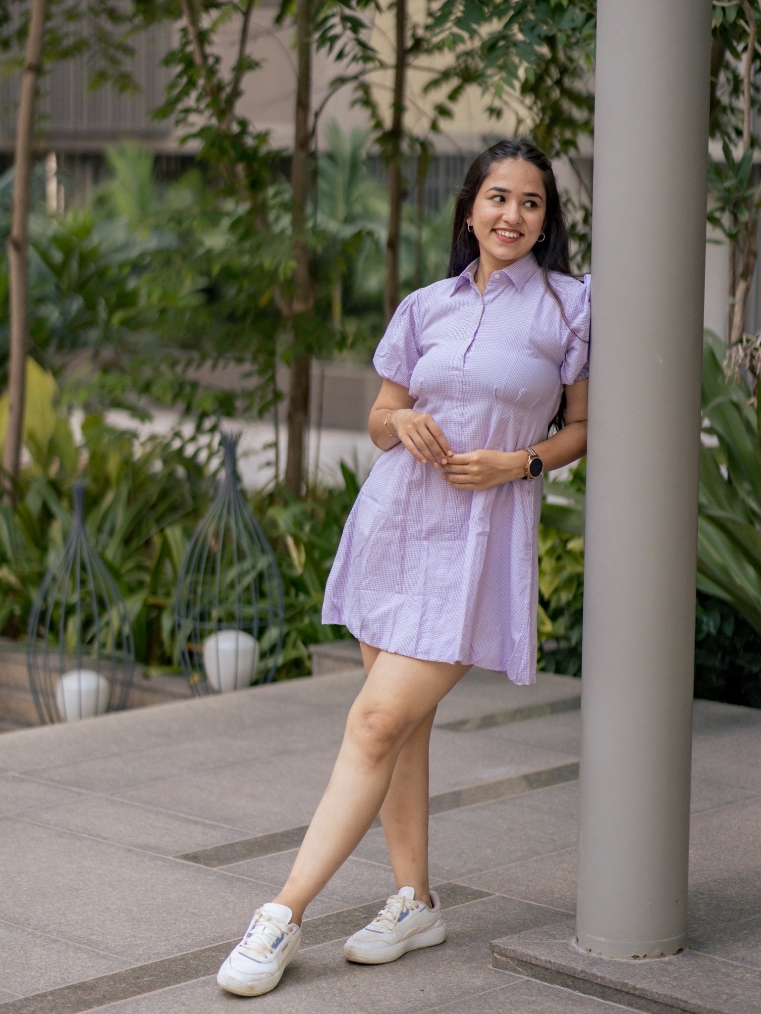 Lilac Breeze – Cotton Shirt Dress with Puff Sleeves & Checks