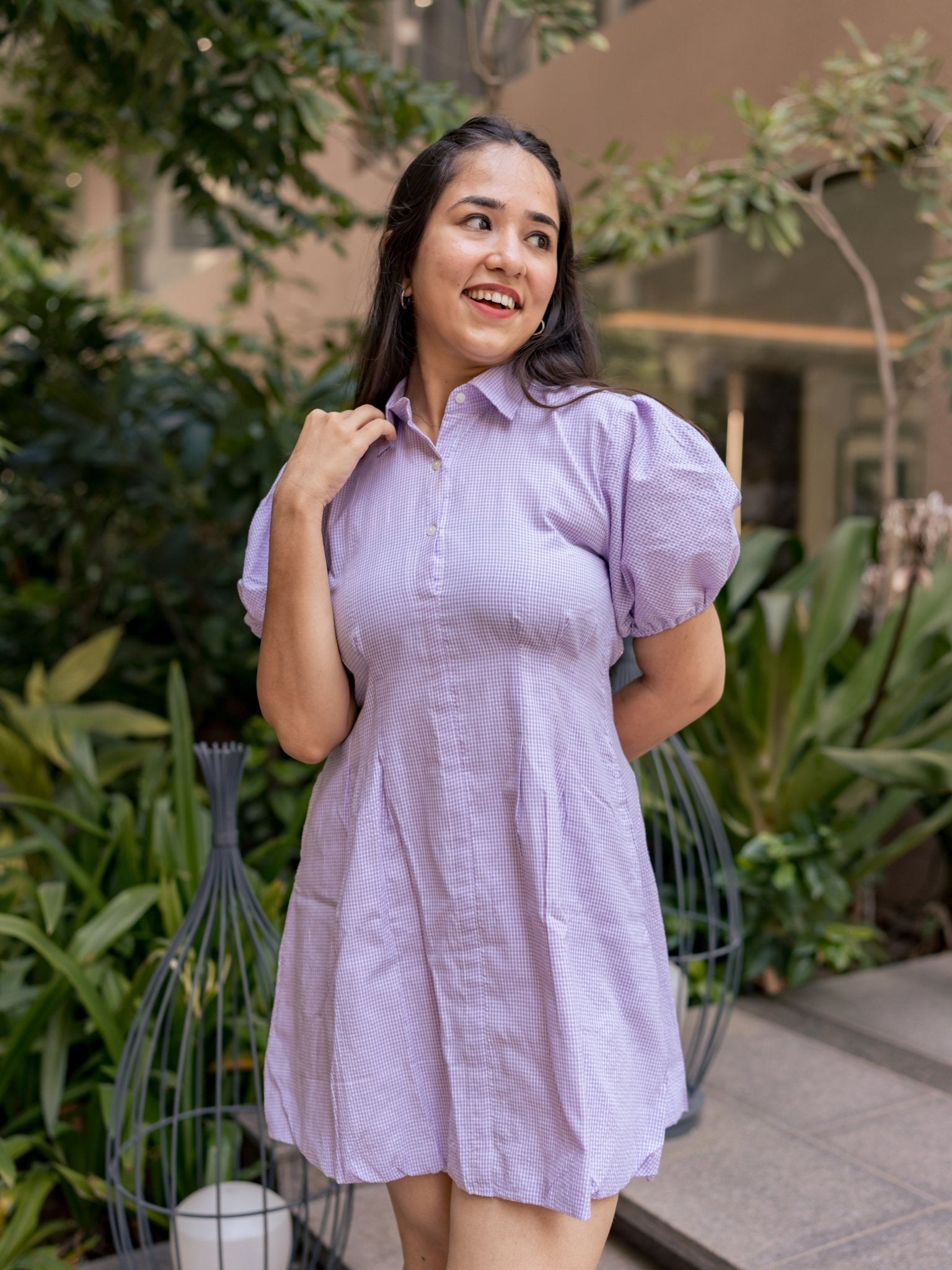 Lilac Breeze – Cotton Shirt Dress with Puff Sleeves & Checks Lilac Breeze – Cotton Shirt Dress with Puff Sleeves & Checks