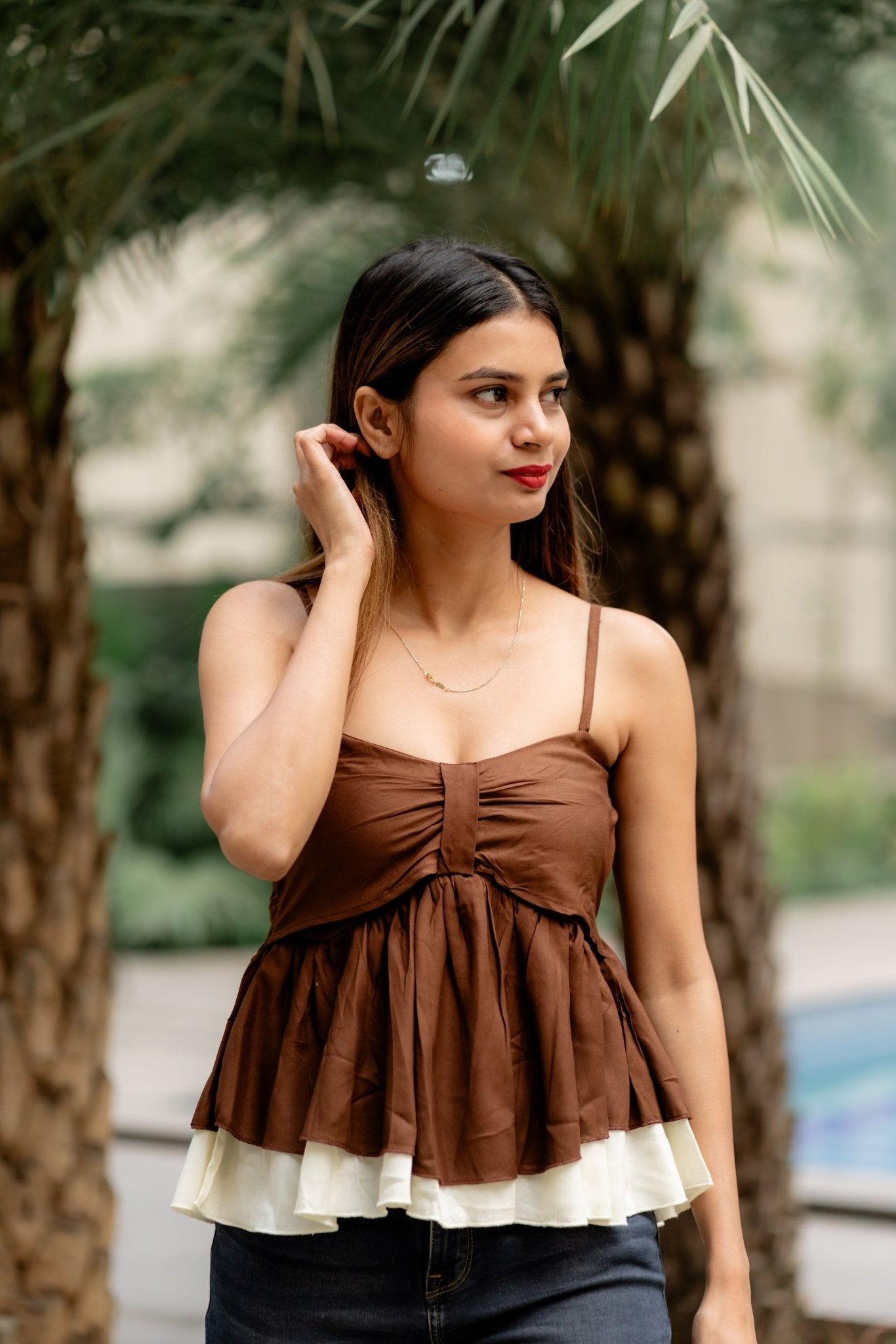 Mocha Flare Brown Cotton Viscose Tiered Top for Women Mocha Flare Brown Cotton Viscose Tiered Top for Women
