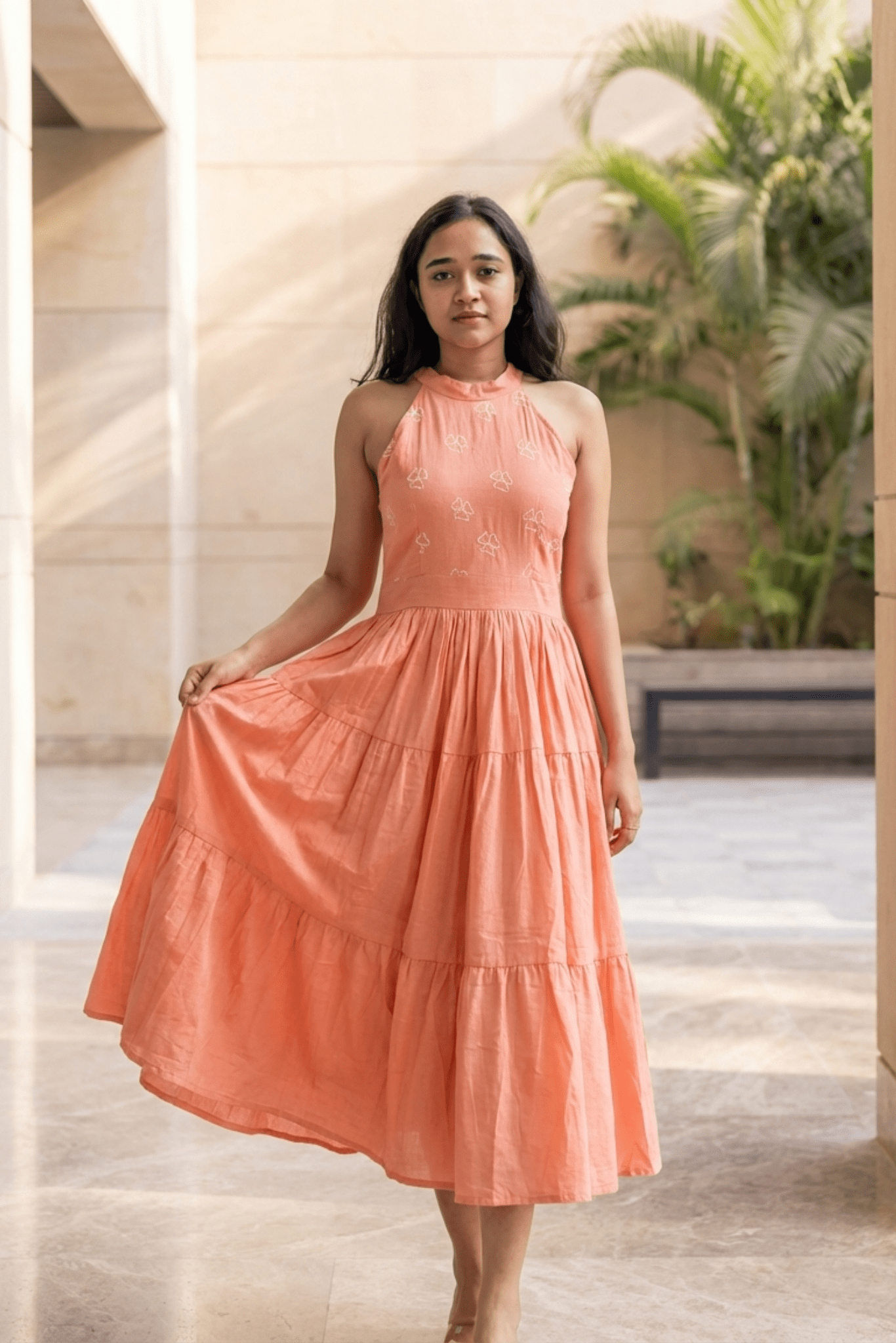 Rust Aura - A halter cotton midi with embroidered blooms & breezy tiers - Insaneful